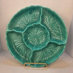 VTG Majolica Cabbage Leaf 5-Section Serving Dish California Pottery R111 Green